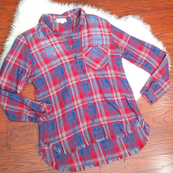 cloth & stone Tops - Cloth & Stone Raw Edge Plaid Longsleeve Shirt
